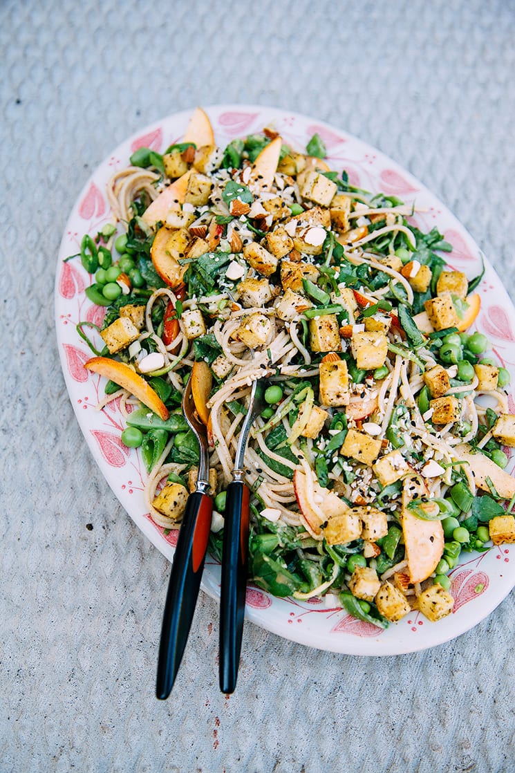 cool vegan noodle salad w/ seared tofu + zingy almond butter sauce