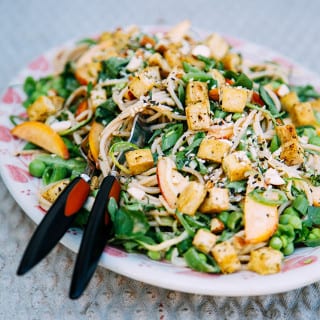 cool vegan noodle salad w/ seared tofu + zingy almond butter sauce // via thefirstmess.com