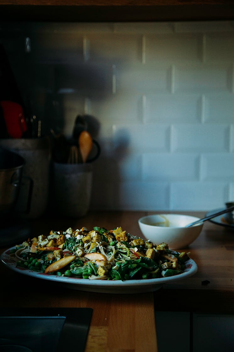 cool vegan noodle salad w/ seared tofu + zingy almond butter sauce