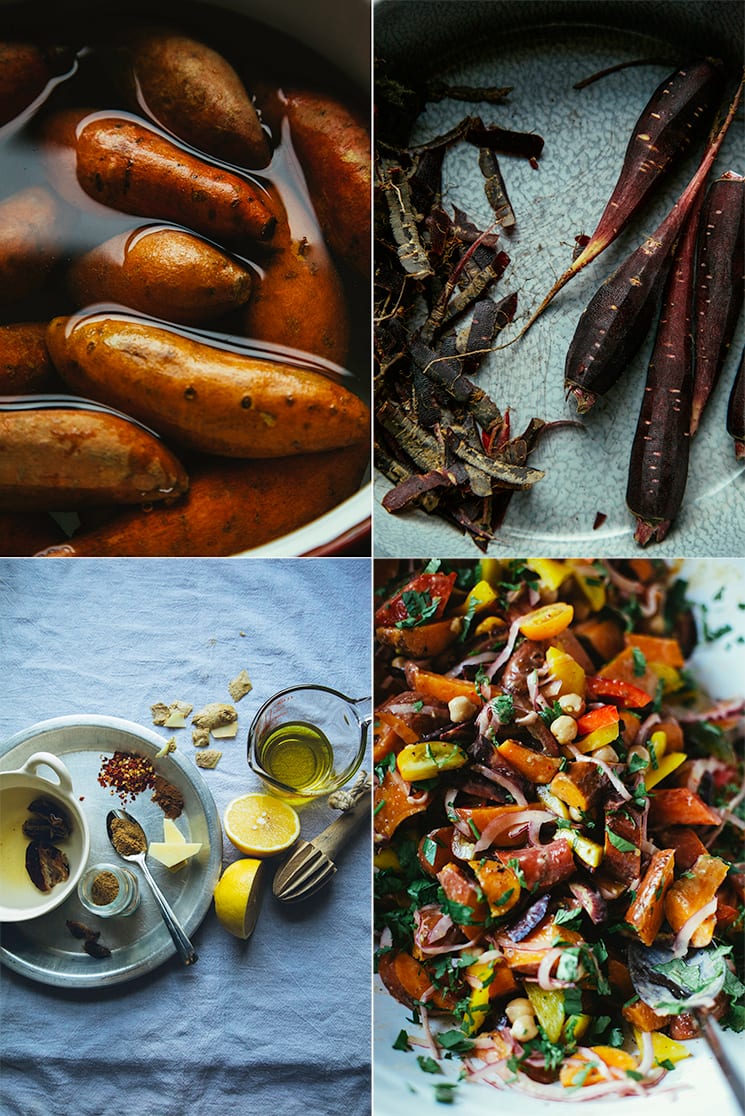 4 images show: whole sweet potatoes soaking in water, peeled purple carrots, ingredients for a fate and lemon vinaigrette, and a mixed up sweet potato and vegetable salad.