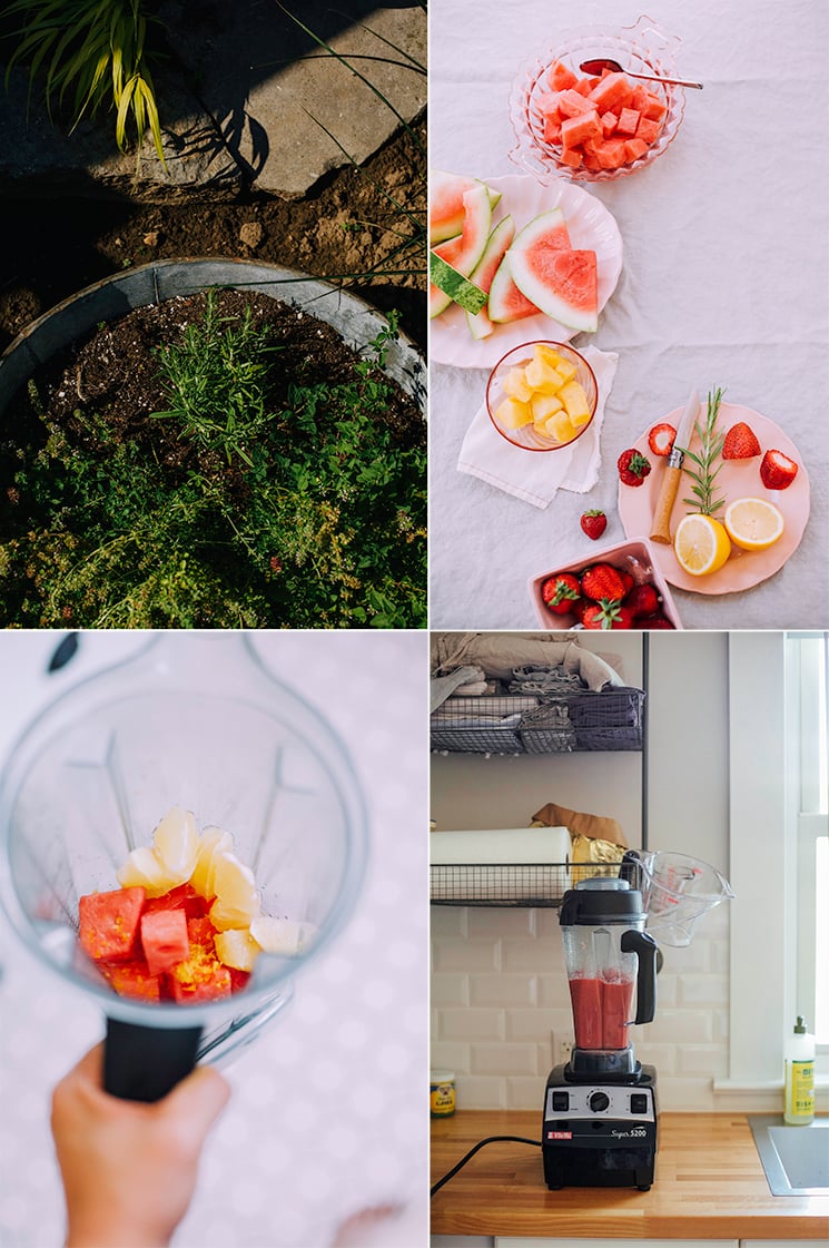 4 photos showing the making of frozen watermelon-ade. One shows potted rosemary plants, one shows diced watermelon and pineapple on a beige linen background, one shows watermelon and pineapple in a blender, and the last one shows the watermelon-ade in a blender at a head-on angle.