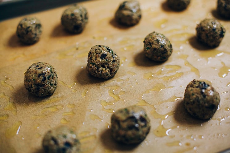 zaatar eggplant meatballs with lemony kale pesto // thefirstmess.com