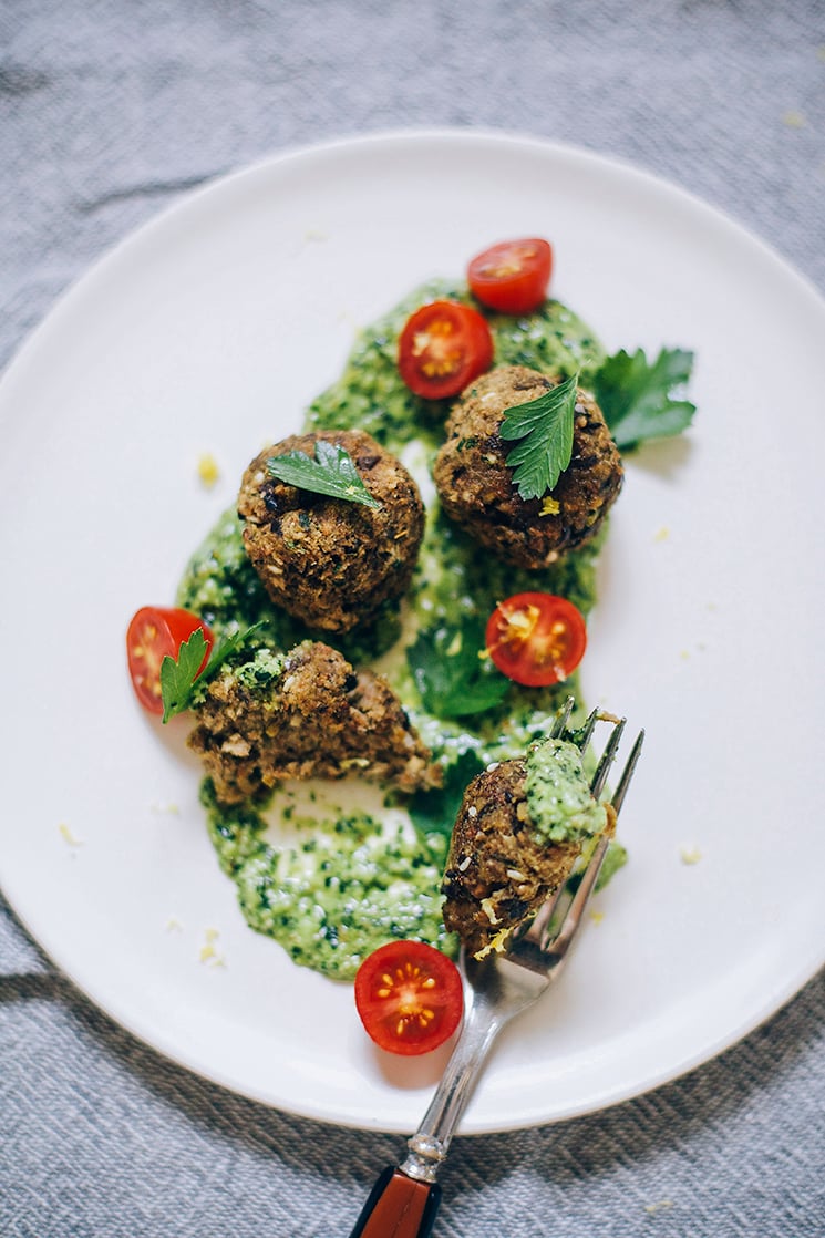vegan eggplant meatballs with lemony kale pesto // thefirstmess.com