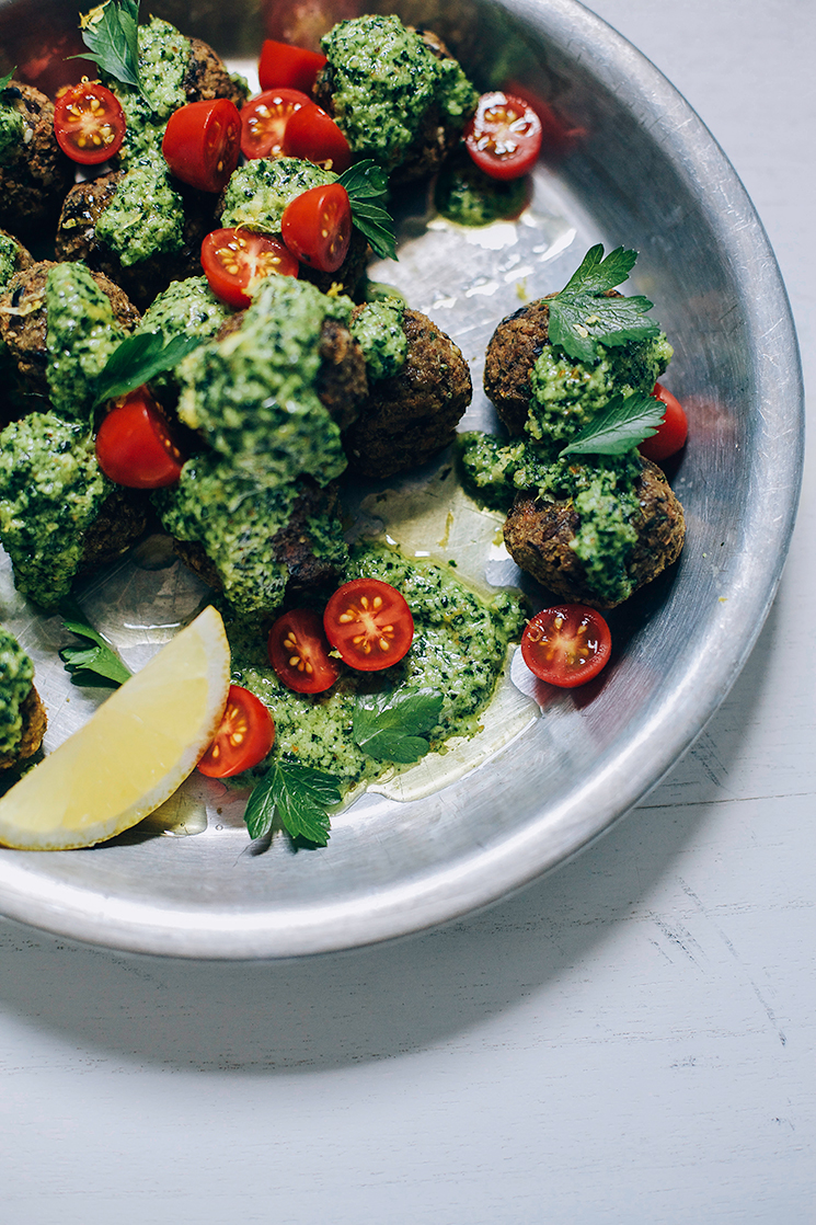 zaatar eggplant meatballs with lemony kale pesto // thefirstmess.com
