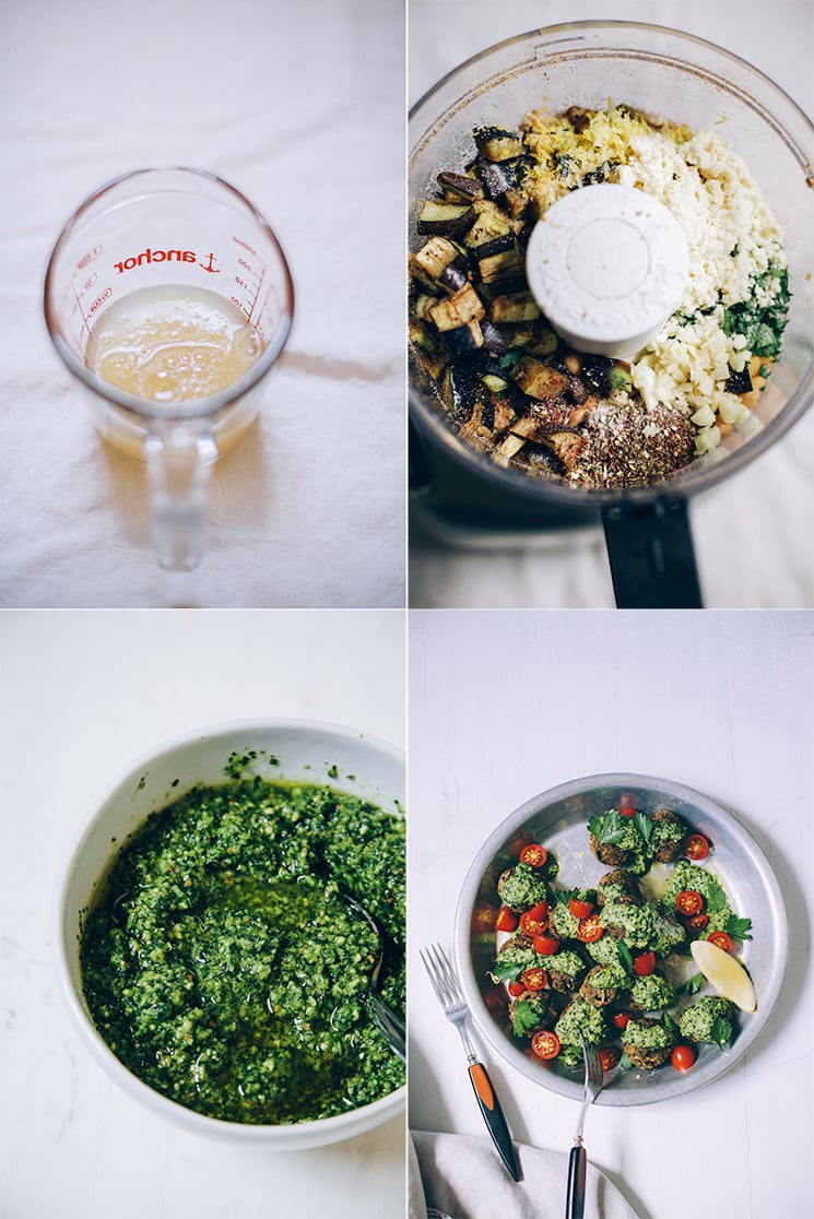 zaatar eggplant meatballs with lemony kale pesto // thefirstmess.com