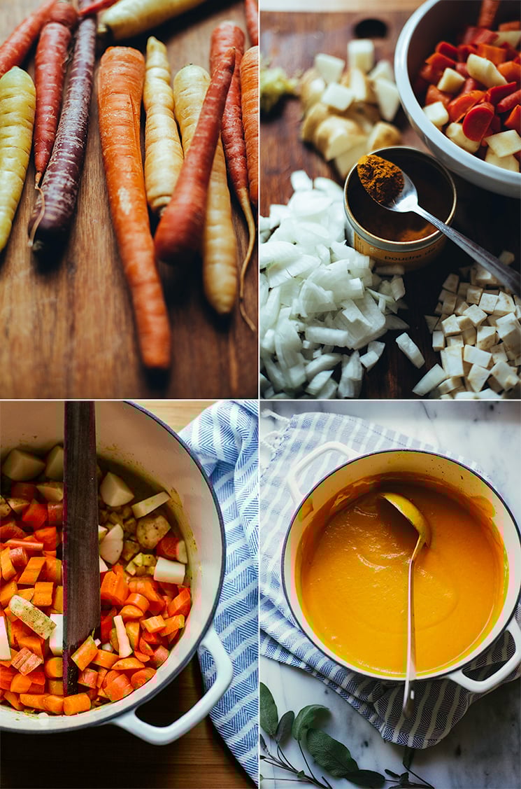 4 photos: one of different heirloom carrots on a cutting board, one with a jar of curry powder surrounded by chopped onions, potatoes and carrots, one showing a white Dutch oven with vegetables sautéing, and the last one is an overhead shot of a white Dutch oven with the puréed soup on top of a blue and white dish towel.