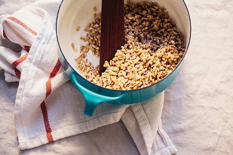 An overhead shot of farro cooked in a pot