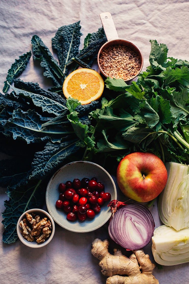 An overhead shot of ingredients for a salad.