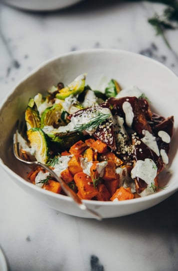 roasted winter supper w/ BBQ tempeh + vegan hemp seed ranch dressing - The First Mess