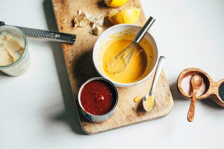 An overhead shot of ingredients for a chipotle miso sauce
