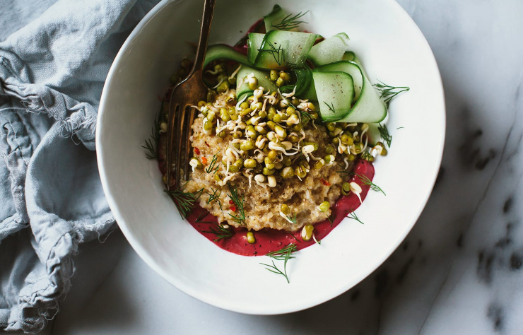 sprouted mung bowl with coconut quinoa + beet tahini - The First Mess
