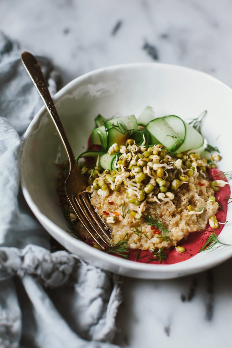 sprouted mung bowl with coconut quinoa + beet tahini - The First Mess