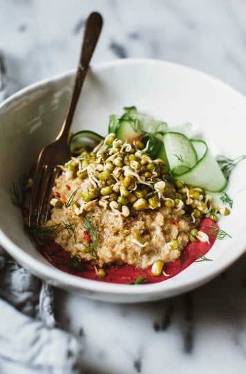 sprouted mung bowl with coconut quinoa + beet tahini - The First Mess