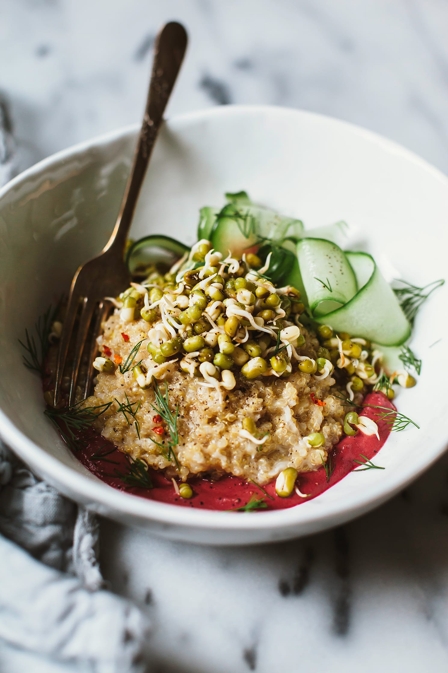 sprouted mung bowl with coconut quinoa + beet tahini - The First Mess