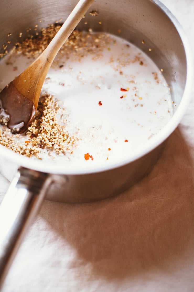 sprouted mung bowl with coconut quinoa + beet tahini - The First Mess