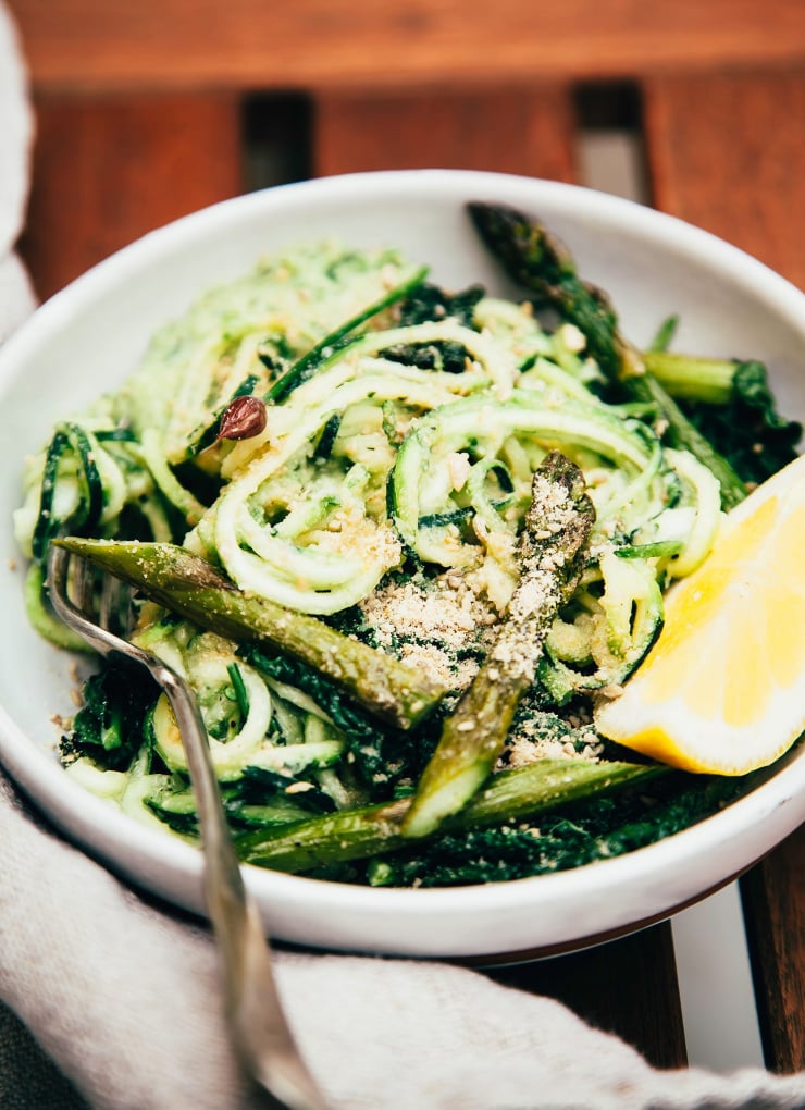 Creamy Zucchini Noodles with White Lentil Spring Onion Sauce & Cheesy Sunflower Sprinkle - The First Mess