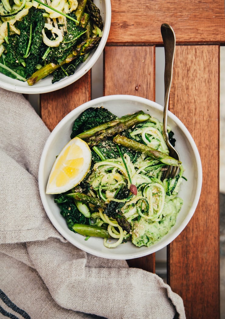 Creamy Zucchini Noodles with White Lentil Spring Onion Sauce & Cheesy Sunflower Sprinkle - The First Mess