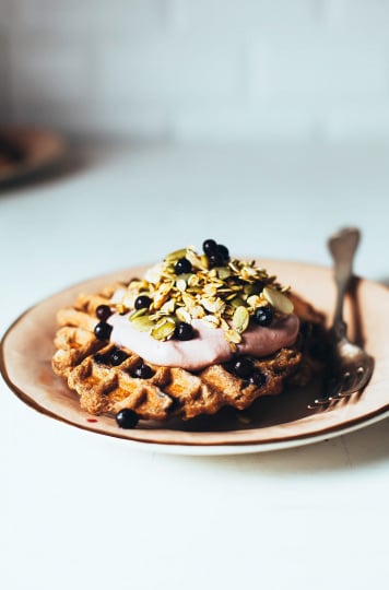 blueberry spelt waffles w/ rhubarb cashew cream & turmeric granola (vegan) - The First Mess