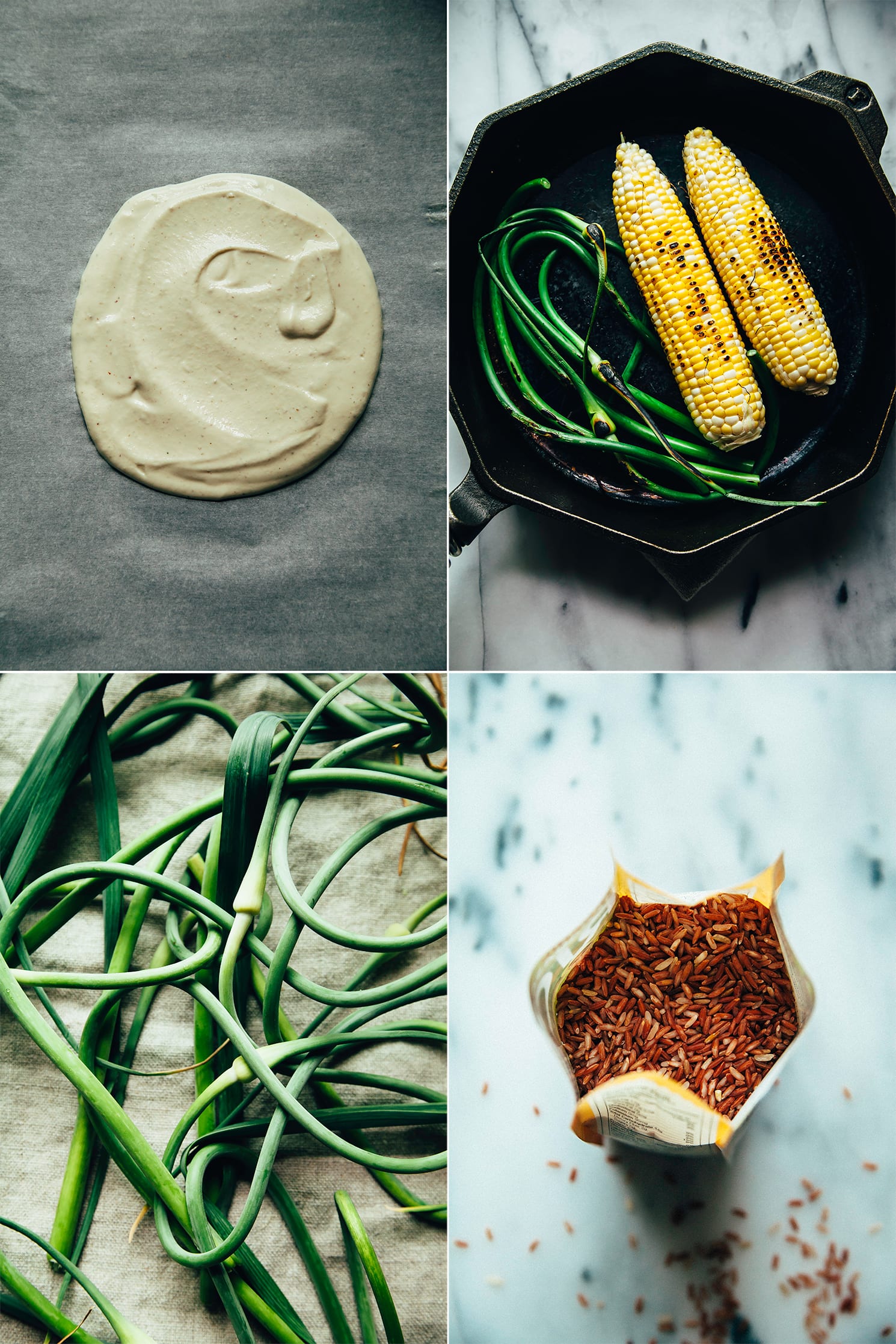A grid of 4 images shows: swooped out mixture of vegan "feta" before baking, corn cops and garlic scapes in a cast iron skillet being charred, a tangle of fresh garlic scapes, an open bag of dry, uncooked pink rice.