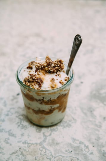vegan peanut butter caramel sundae w/ raw vanilla cake crumble - The First Mess