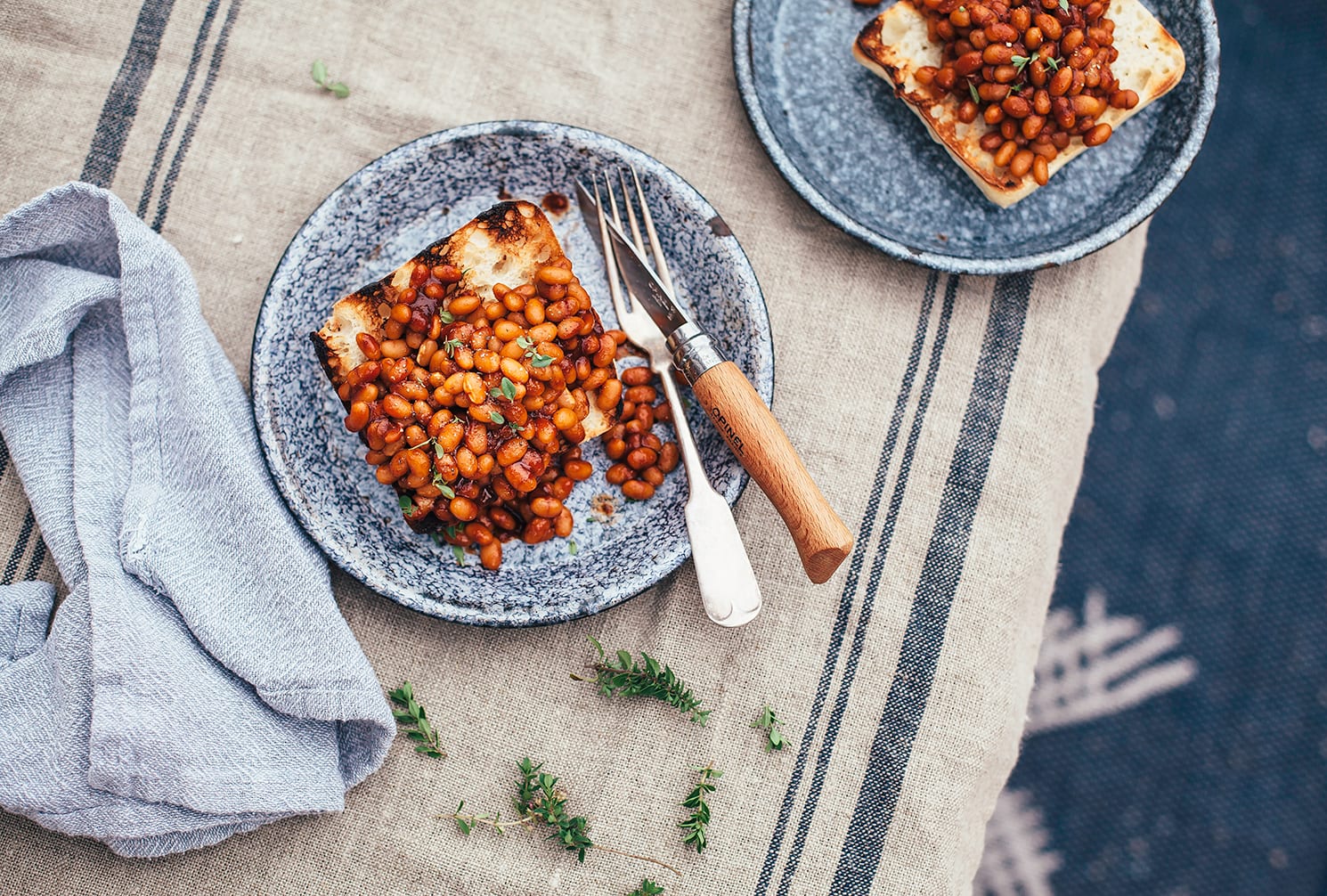n overhead shot of some saucy and brown baked beans piled onto a grilled piece of ciabatta, all on top of a blue enamelware plate.