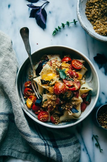 rustic pasta with cheesy chickpea crumble and heirloom tomatoes - The First Mess