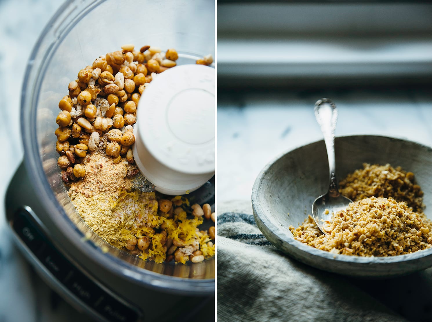 Two images show ingredients in a. food processor bowl and then a pulsed "meal" of chickpeas in a bowl with a spoon.