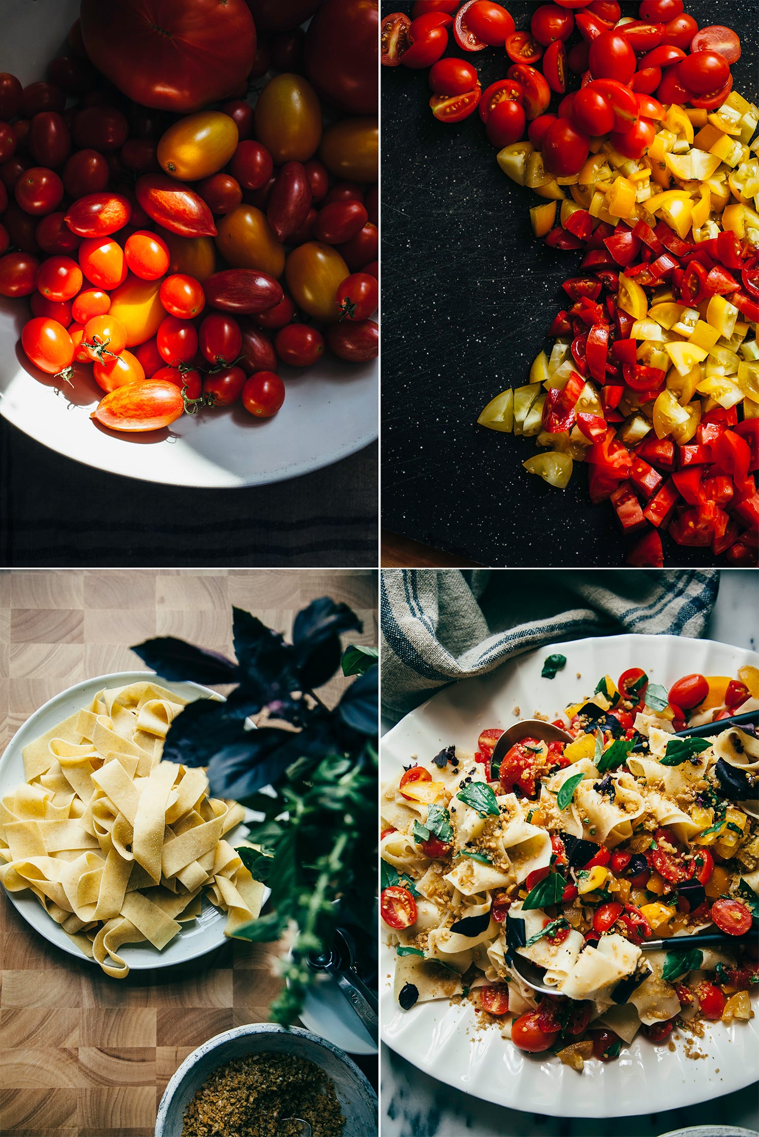 4 images show: a bowl of whole grape tomatoes, a cutting board with chopped tomatoes on top, a plate with fresh pasta on top, and a white platter with the finished rustic vegan pasta.