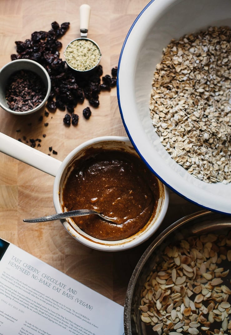 An overhead shot of prep for some no bake oat bars.