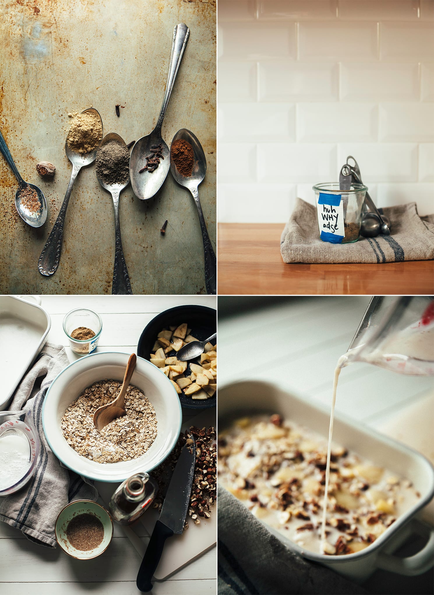 4 images show: spoons with ground spices, a jar of hawaij spice blend, an overhead shot of baked oatmeal ingredients, and non-dairy milk being poured into a baking dish with oatmeal and nuts inside.