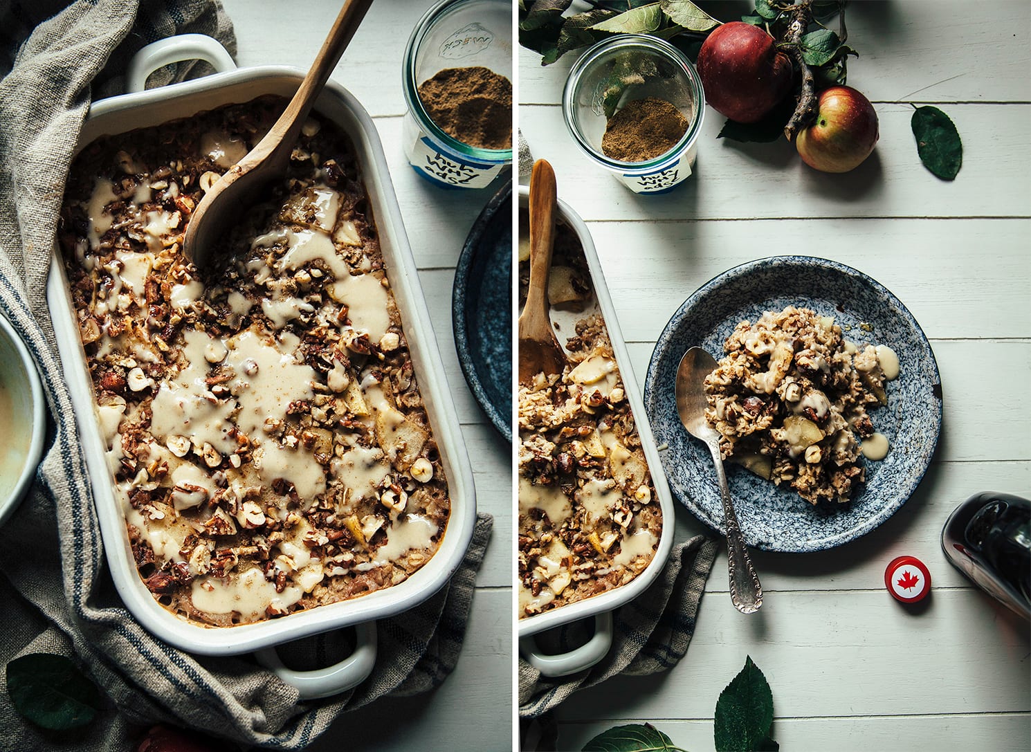 Two images show baked oatmeal in a baking dish, drizzled with a creamy sauce + an individual serving of the oatmeal spooned out onto a blue enamelware plate.