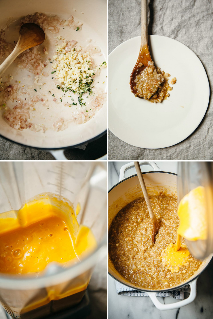 Four images show sautéed shallots in a pot, the consistency of starchy cooked farro on a wooden spoon, a butternut squash purée in a blender pitcher, and the butternut purée being added to cooked farro.