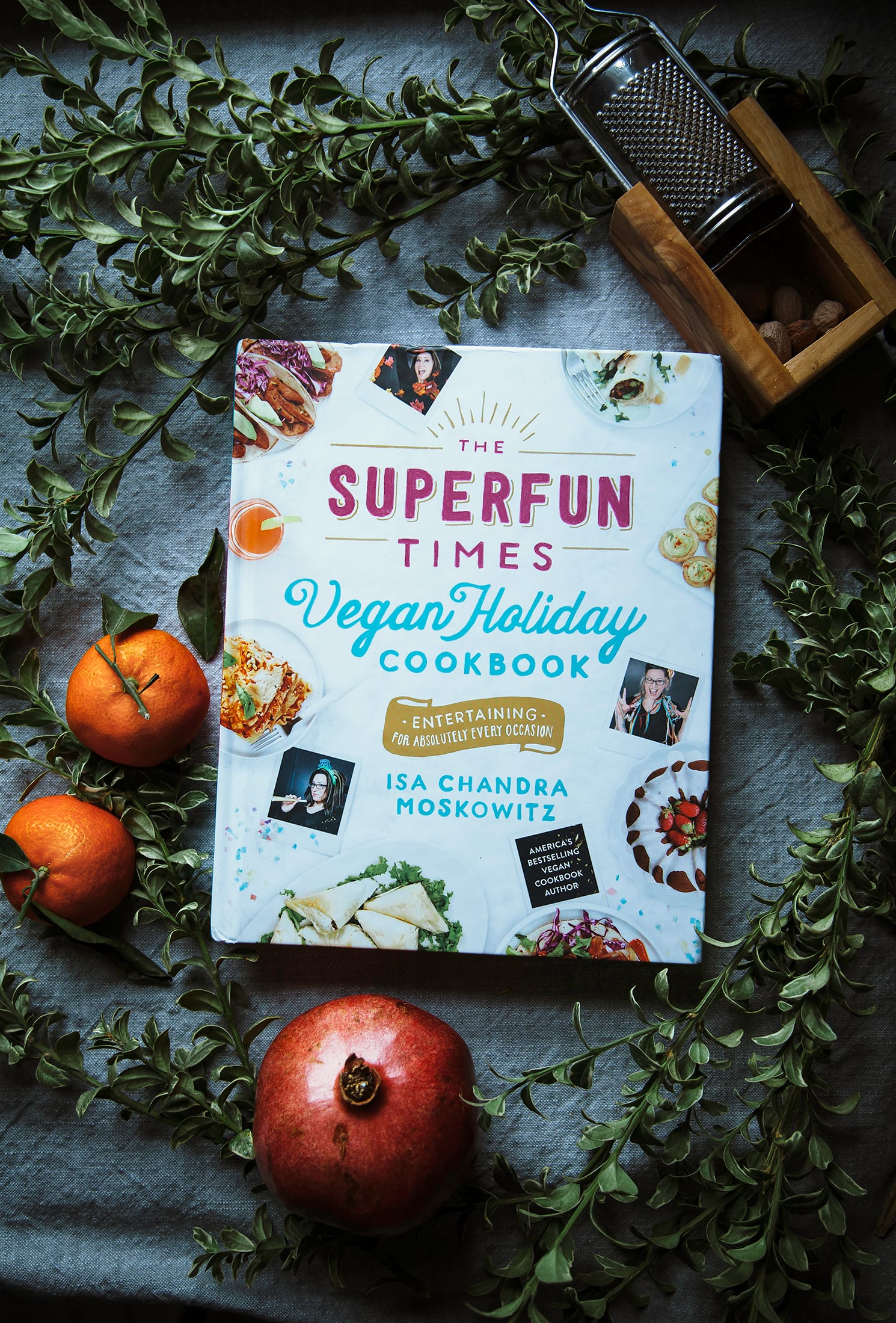 An overhead shot of "The Superfun Times Vegan Holiday Cookbook"