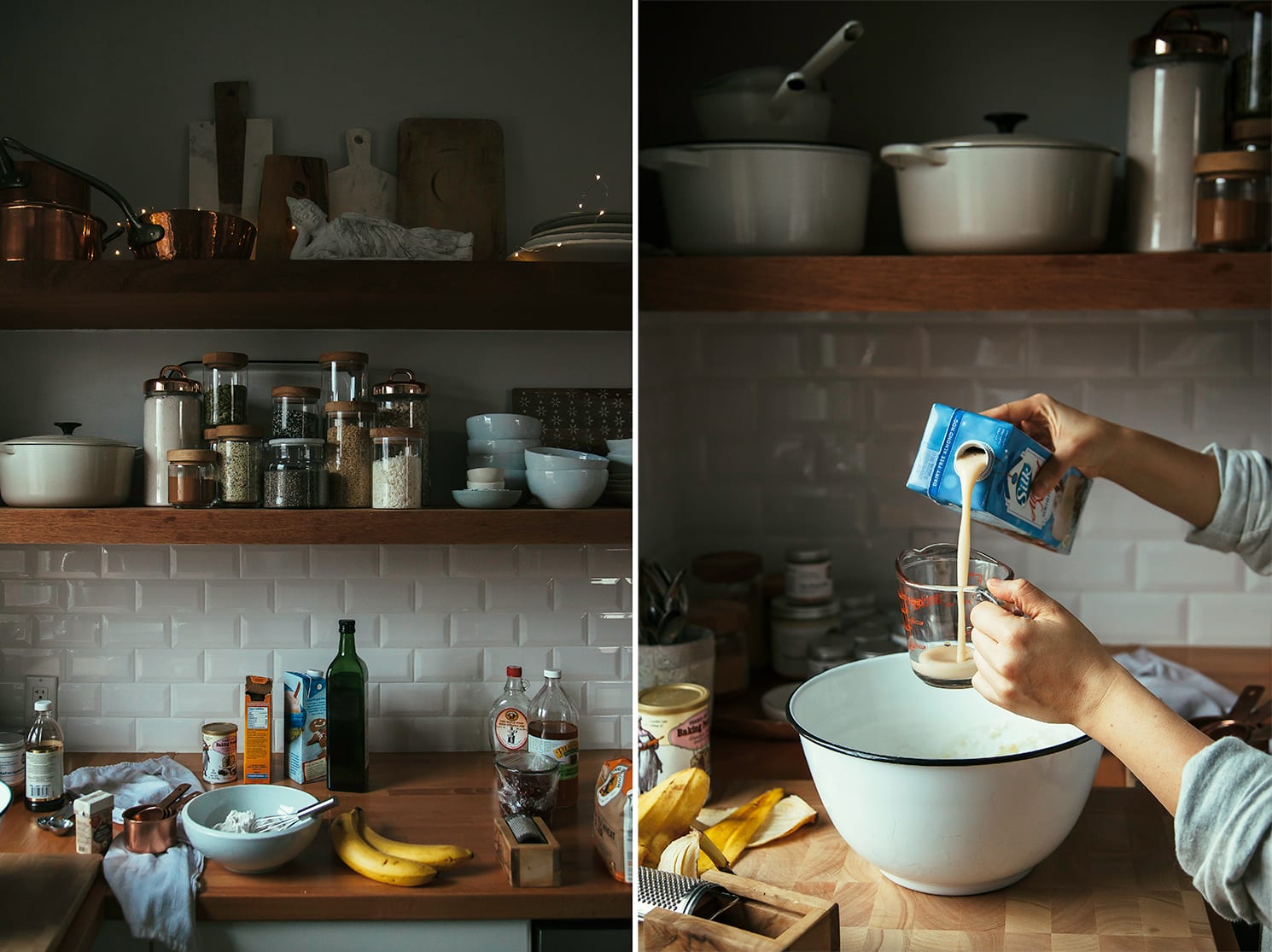 Two images show a kitchen scene with open shelving and pancake prep on the counter + a hand measuring out some vegan eggnog onto a measuring cup.