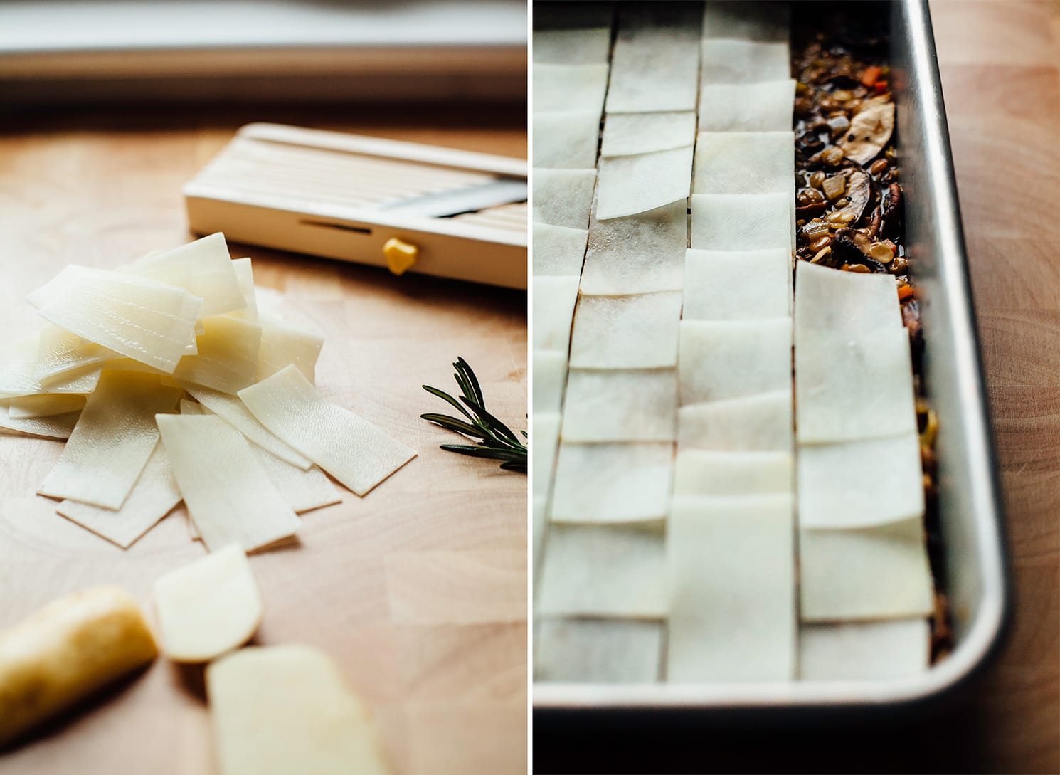 Two images show a pile of sliced potatoes and potatoes being layered on top of a lentil and mushroom stew in a baking dish.