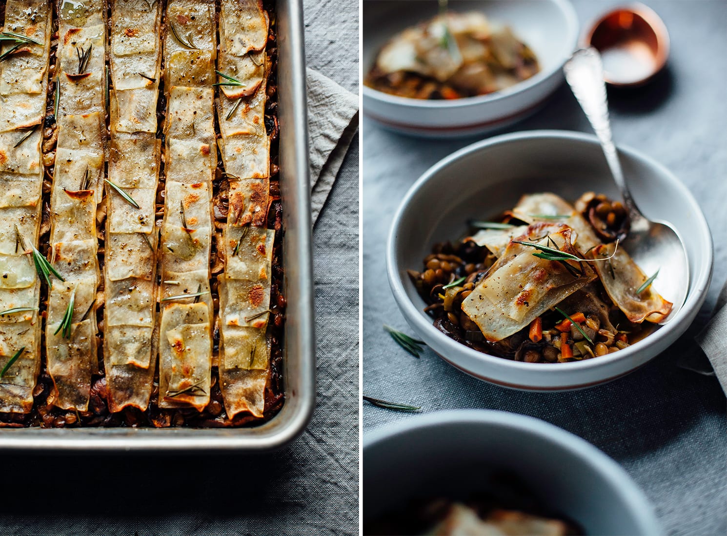 Two images show overhead shots of baked balsamic lentil stew in both a baking dish and individual serving bowls, topped with crispy potatoes.