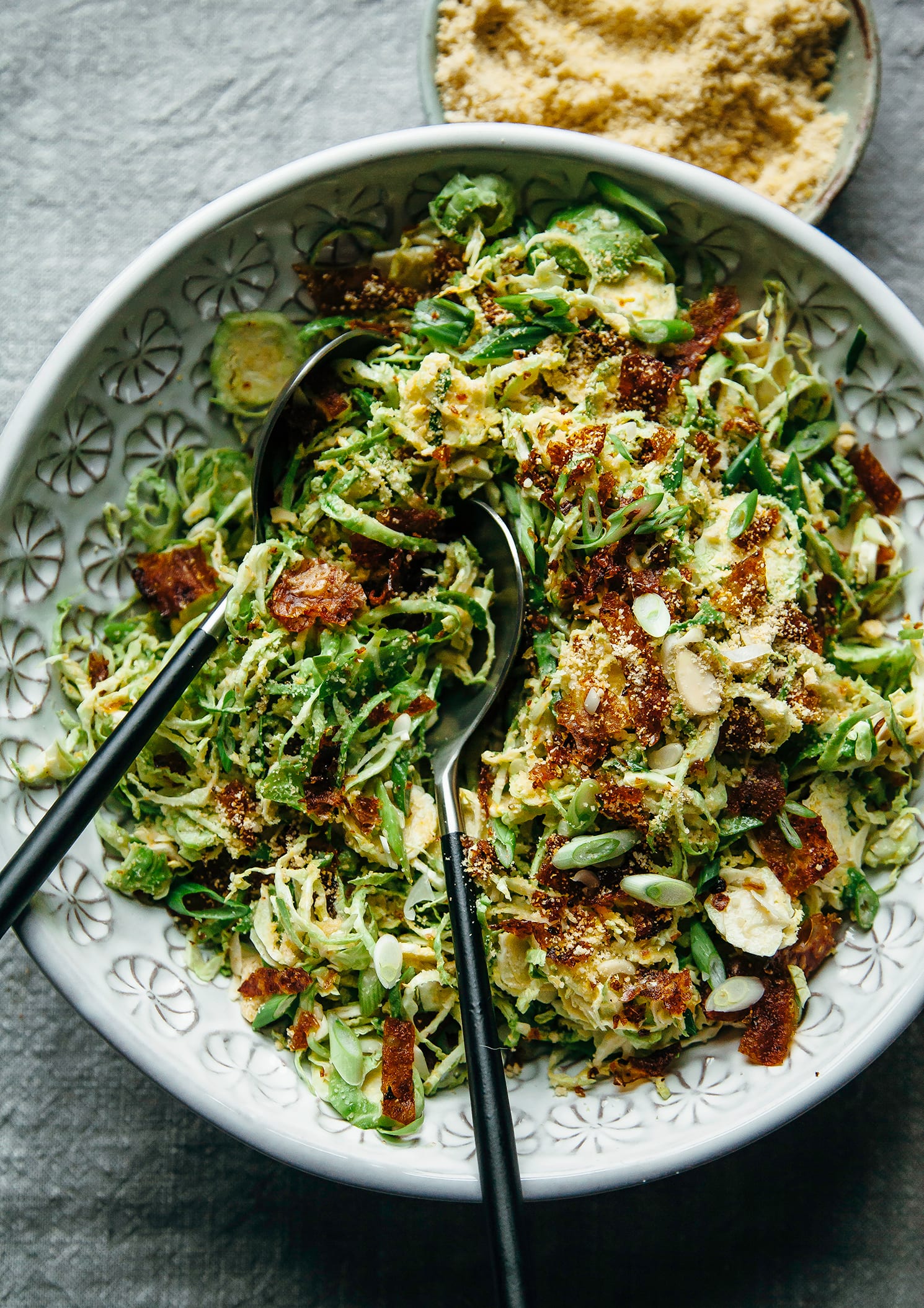 An overhead shot of a shredded brussels sprout slaw.