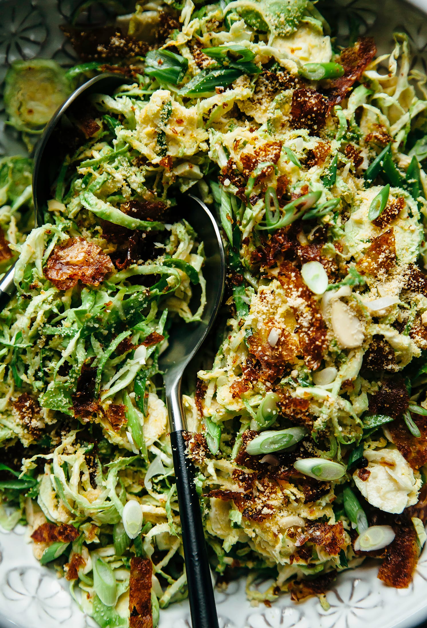 An up close, overhead shot of a shredded brussels sprout slaw.