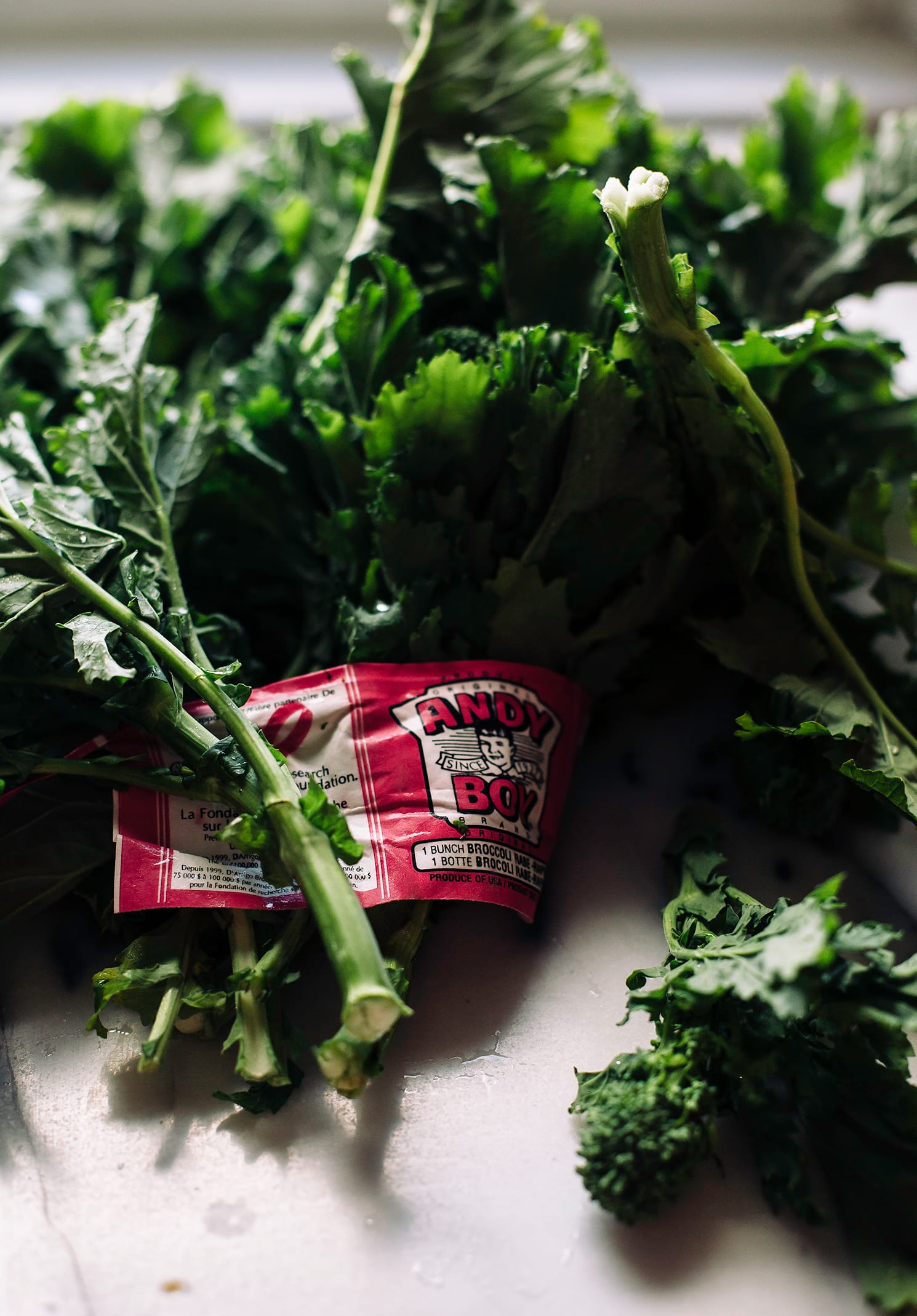 An up close, overhead image shows a bunch of broccoli rabe.