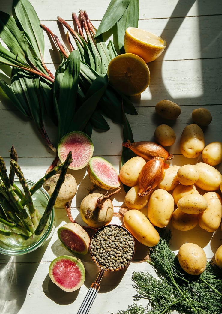 An overhead shot of ingredients for a potato salad.