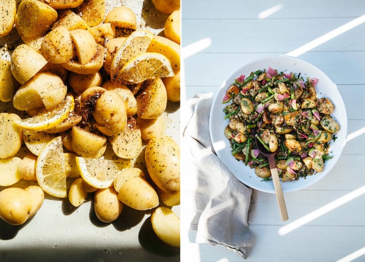 Two images show halved potatoes dusted with seasoning, and a finished bowl of roasted potato salad.