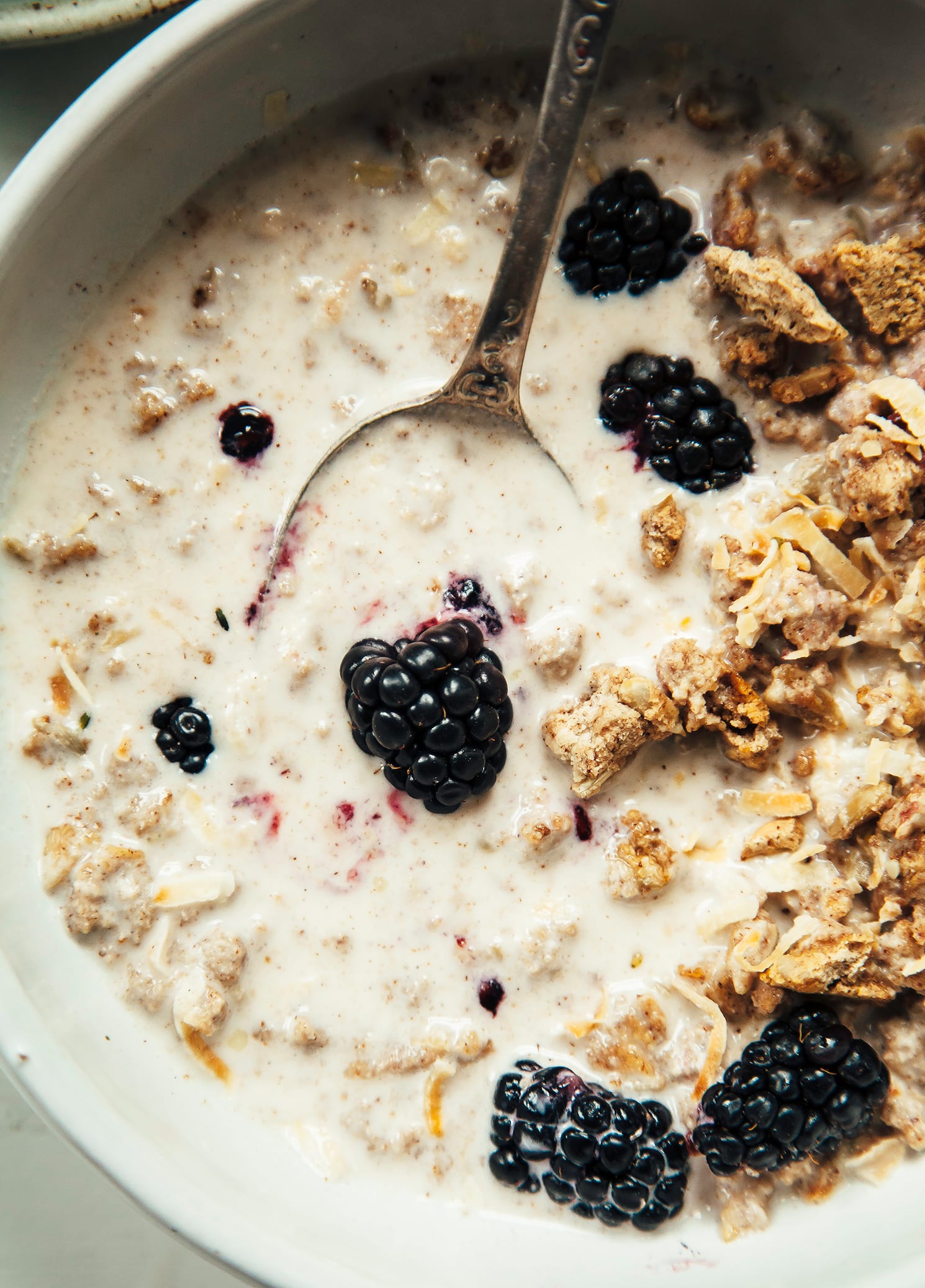 An up close, overhead shot of a bowl of granola with milk and whole blackberries.