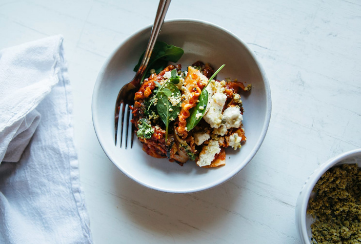 Vegan Skillet Lasagna with Homemade Almond Ricotta & Spinach Pesto - The First Mess