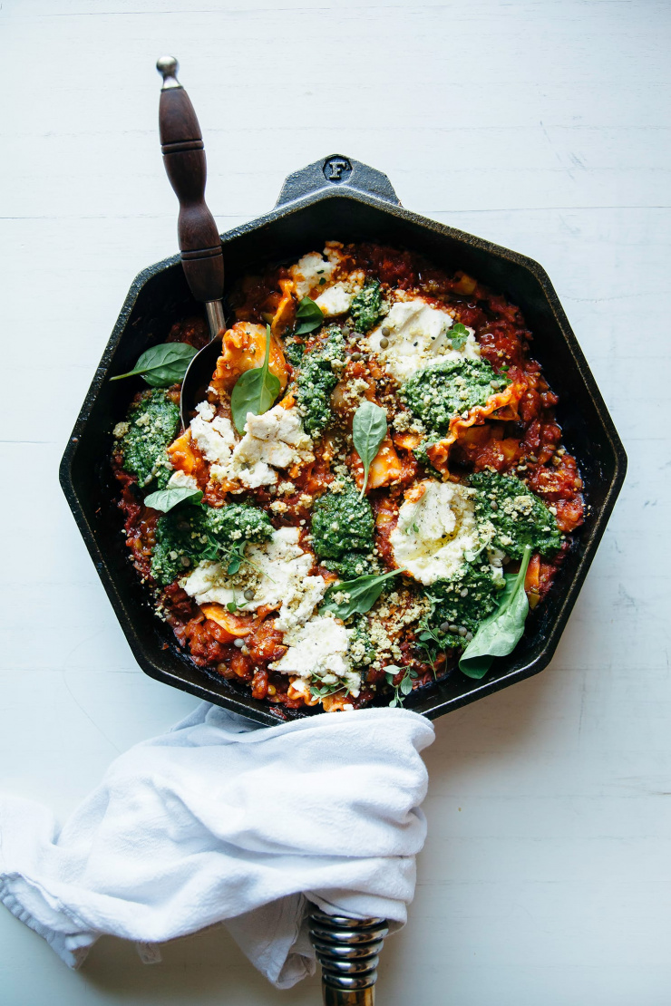 An overhead shot of a vegan skillet lasagna.