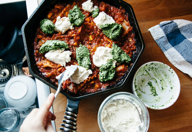 Vegan Skillet Lasagna with Homemade Almond Ricotta & Spinach Pesto - The First Mess