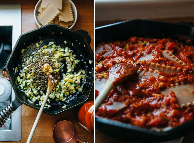 Vegan Skillet Lasagna with Homemade Almond Ricotta & Spinach Pesto - The First Mess