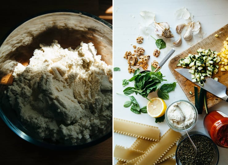 Two images show a bowl of vegan ricotta and an overhead shot of prepped ingredients for a plant-based lasagna.