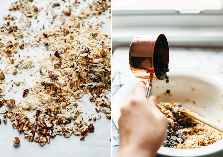 Two images show the dry ingredients of cookies all mixed together + a hand pouring chocolate chips into a bowl from a measuring cup.