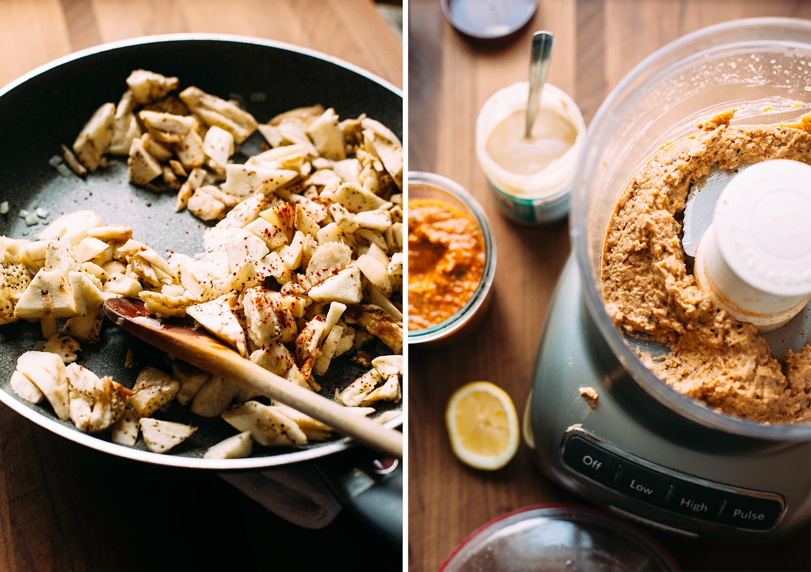 Two images show eggplant being sautéed and sunflower romesco sauce being whipped up on a food processor.
