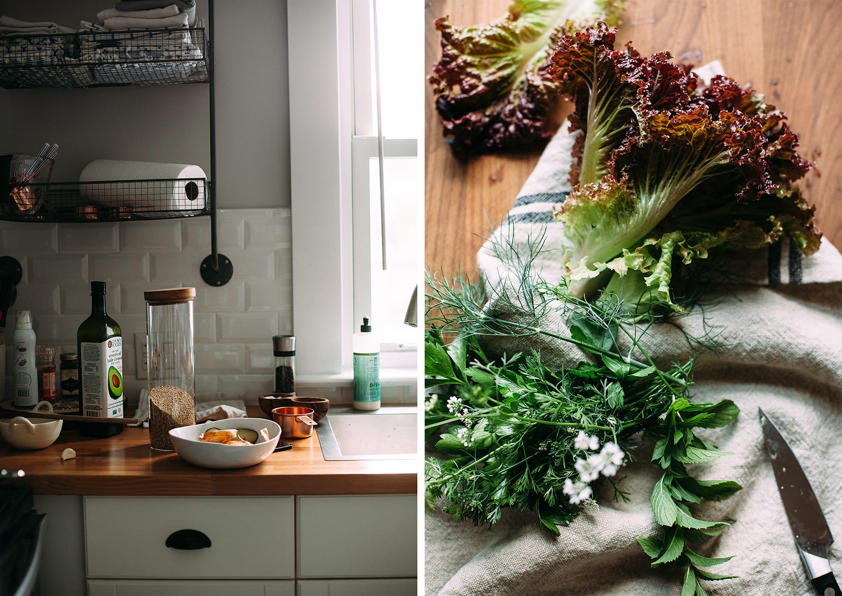 Two images show a kitchen scene and some lettuces and herbs on a wooden cutting board.